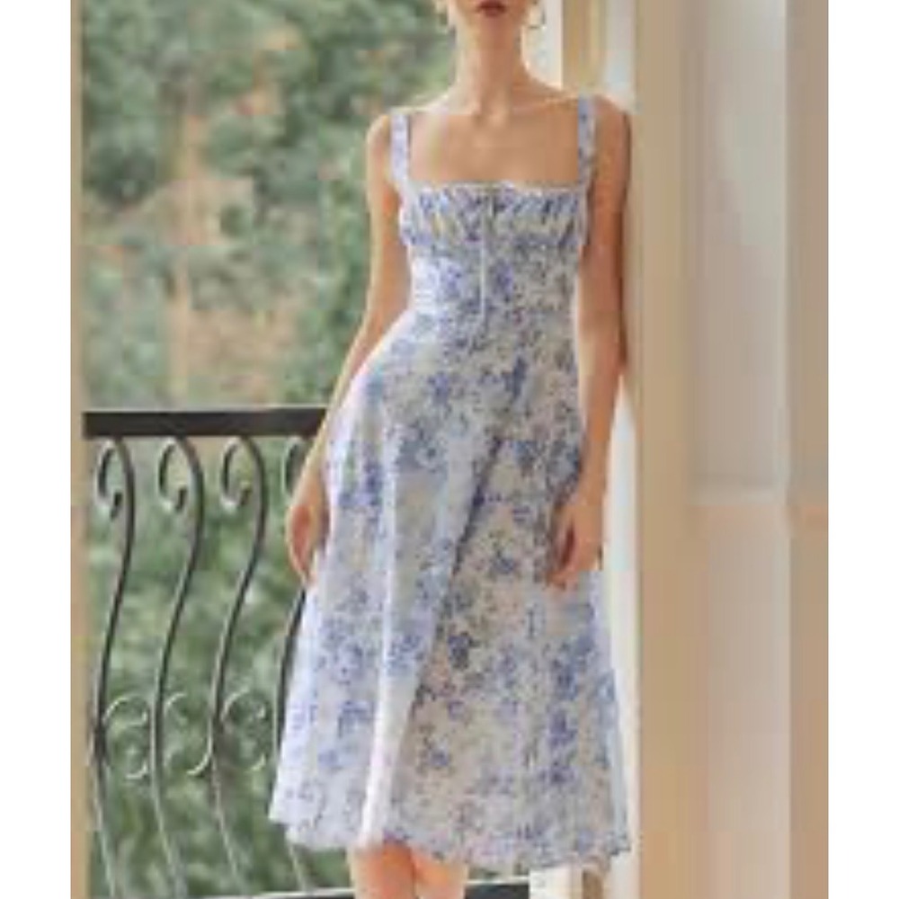 Commense Midi Dress Womens Large Blue Floral Toile Cottagecore
